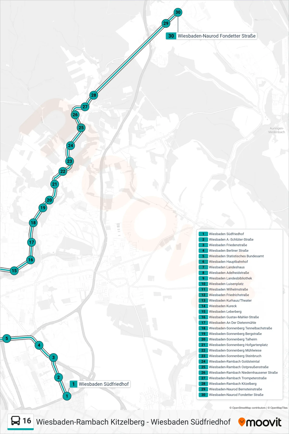 16 bus Line (Wiesbaden-Naurod Fondetter Straße) route and stops on a map