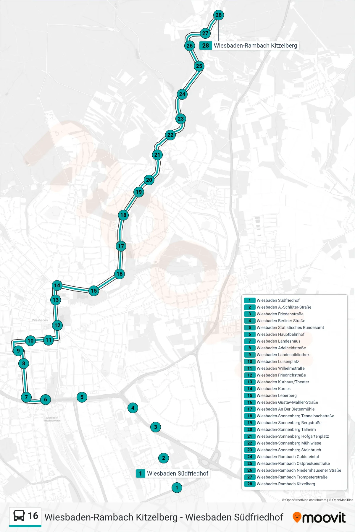 16 bus Line (Wiesbaden-Rambach Kitzelberg) route and stops on a map