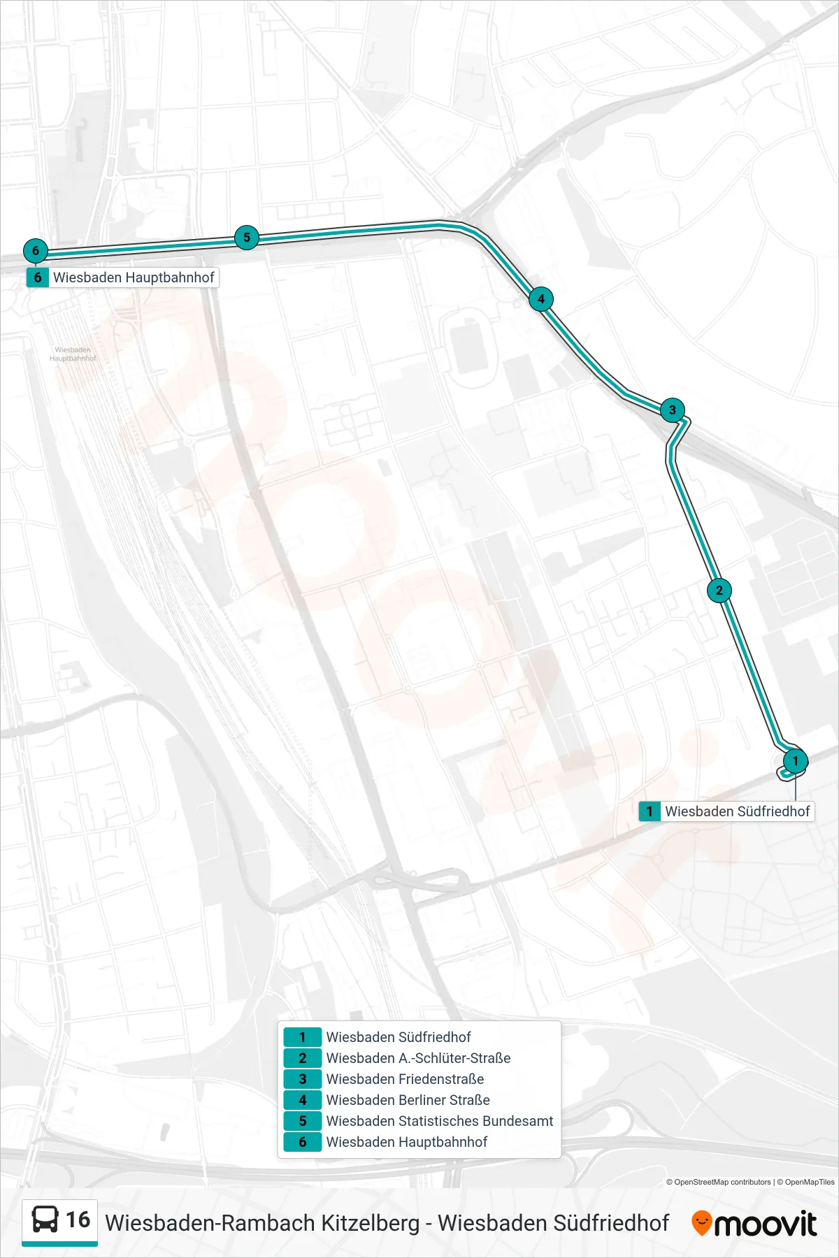 16 bus Line (Wiesbaden Hauptbahnhof) route and stops on a map