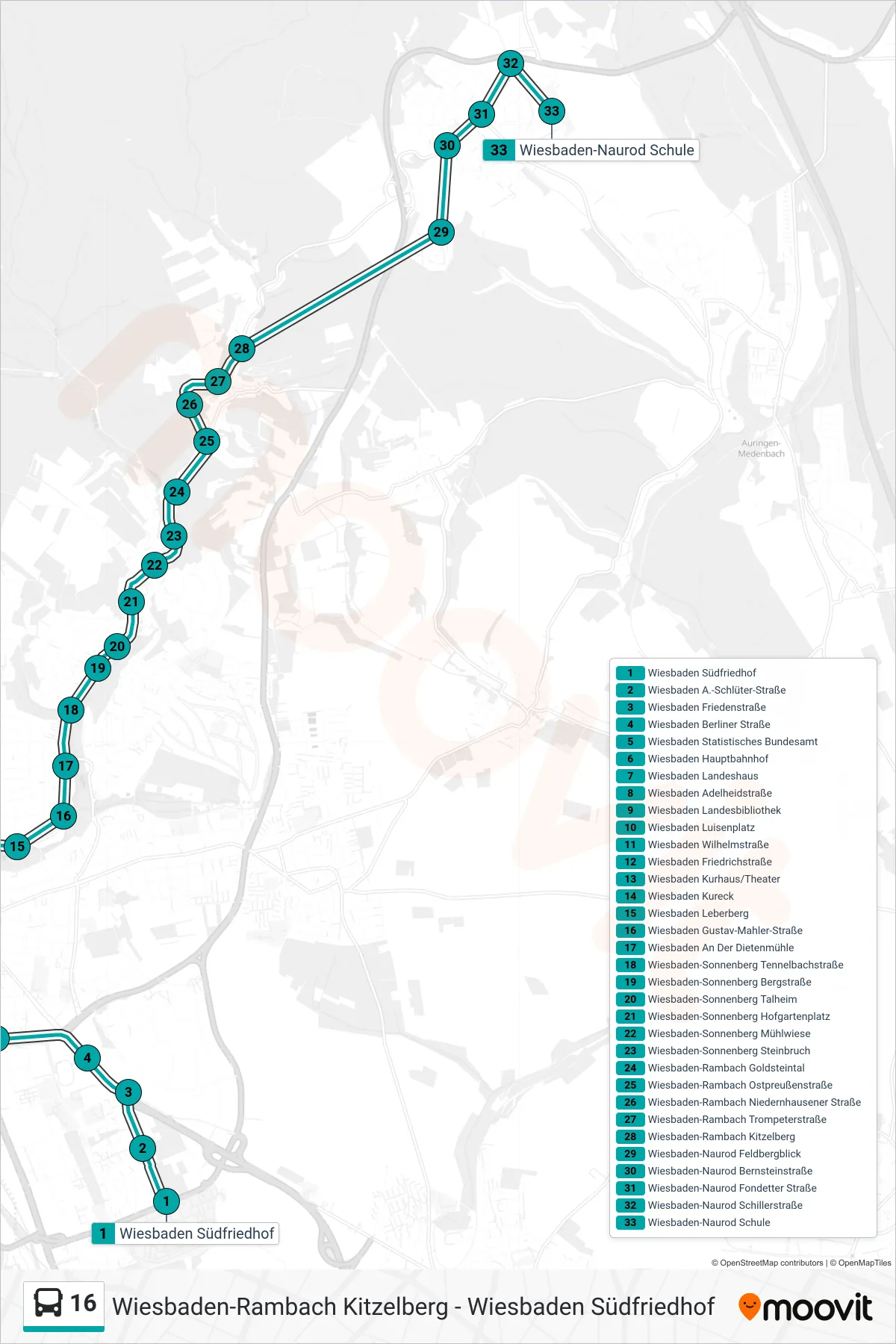 16 bus Line (Wiesbaden-Naurod Schule) route and stops on a map