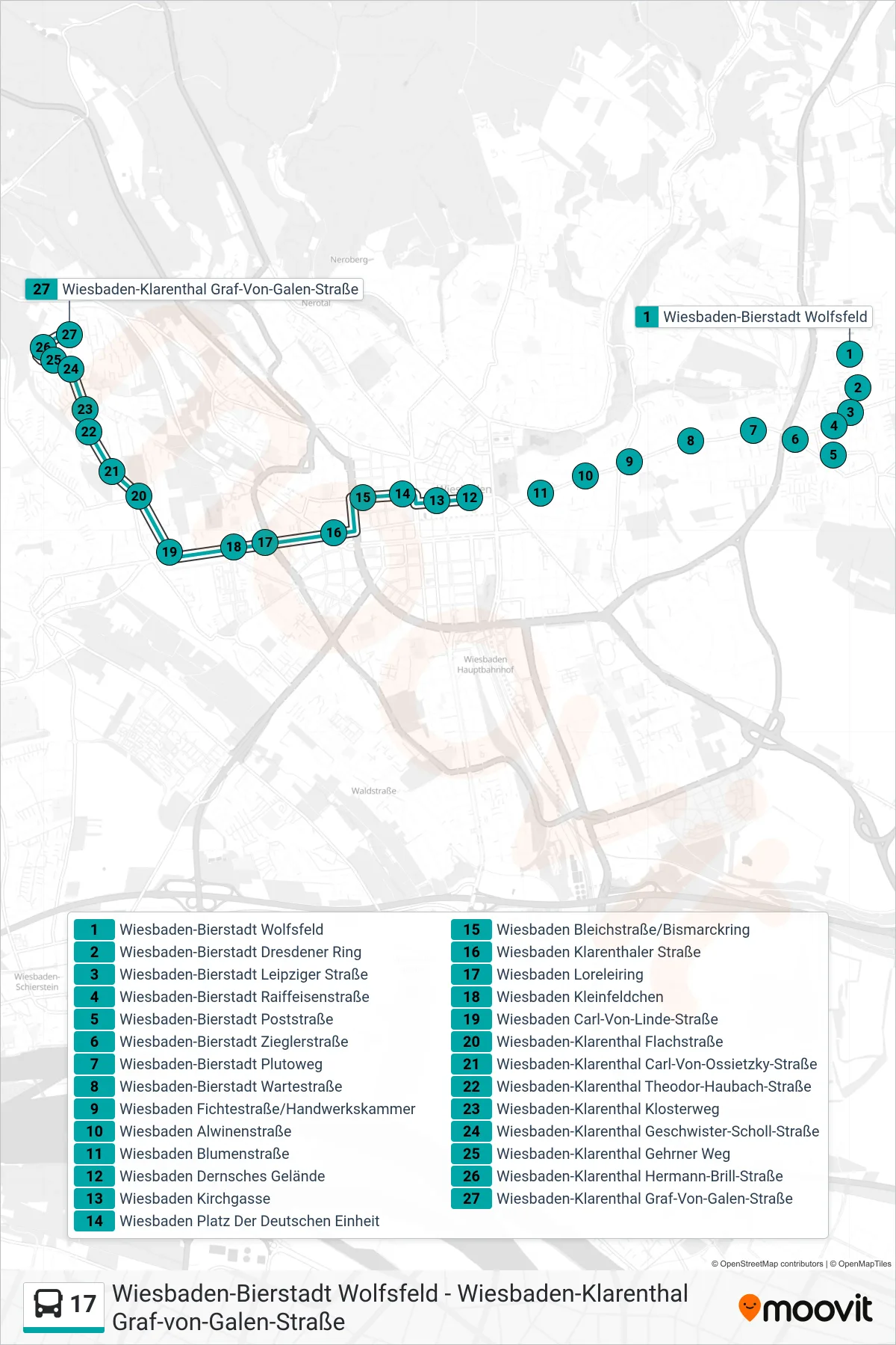 17 bus Line (Wiesbaden-Klarenthal Graf-Von-Galen-Straße) route and stops on a map