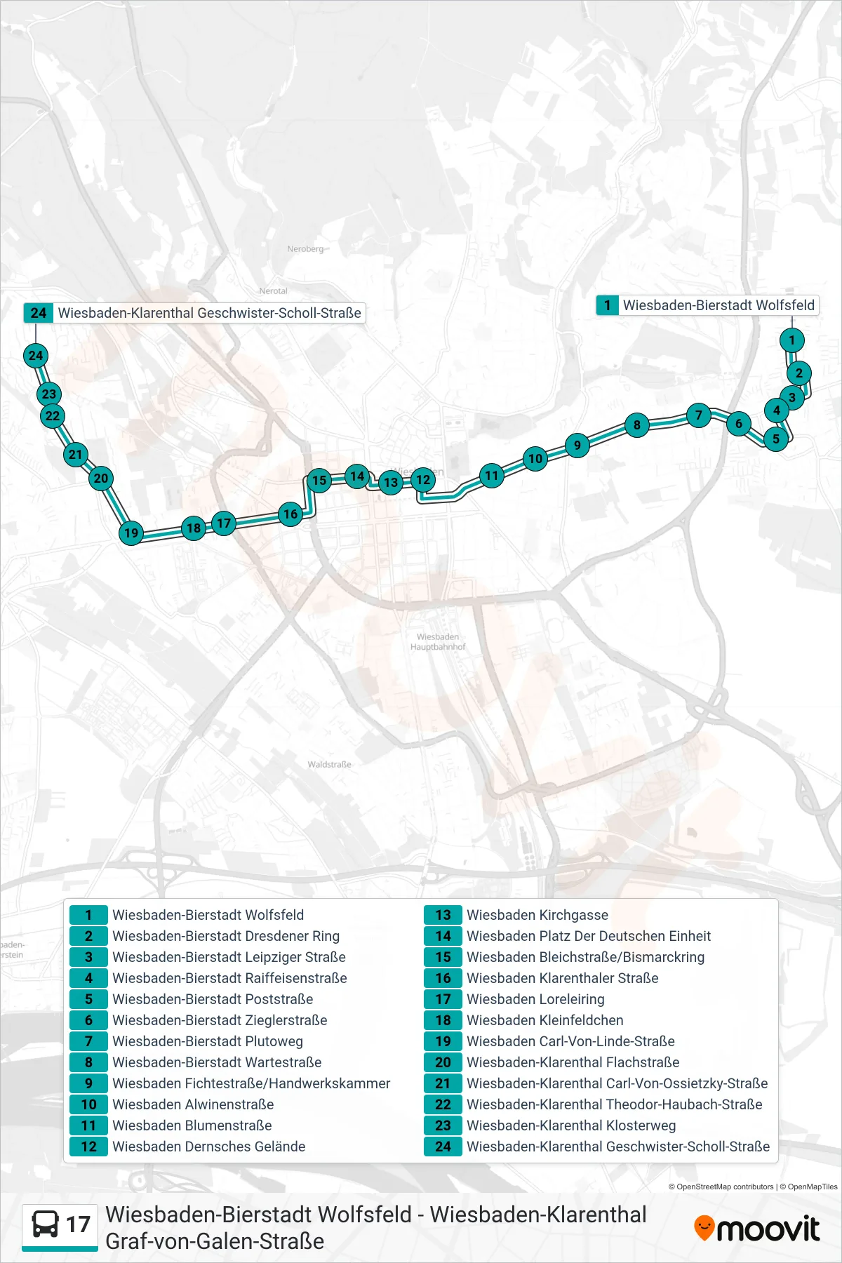17 bus Line (Wiesbaden-Klarenthal Geschwister-Scholl-Straße) route and stops on a map