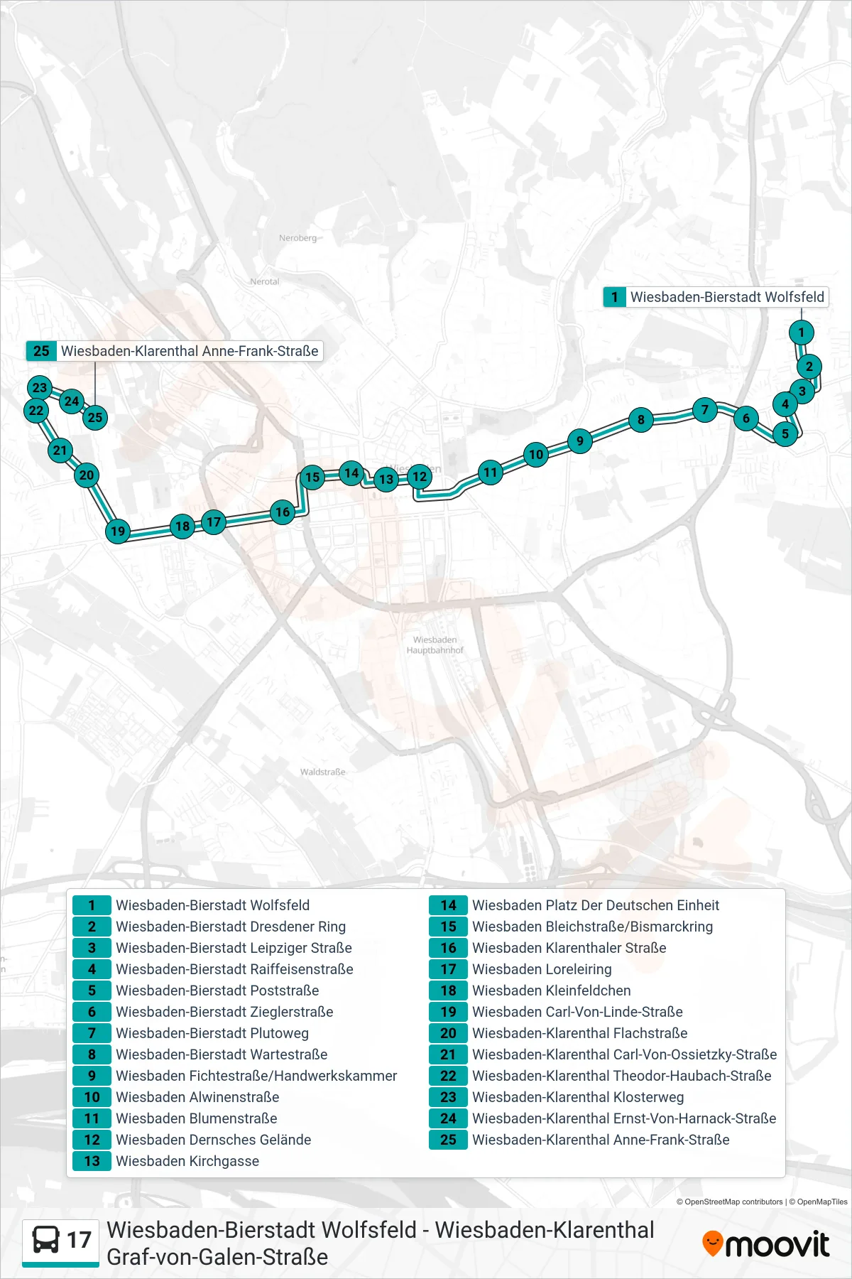 17 bus Line (Wiesbaden-Klarenthal Anne-Frank-Straße) route and stops on a map