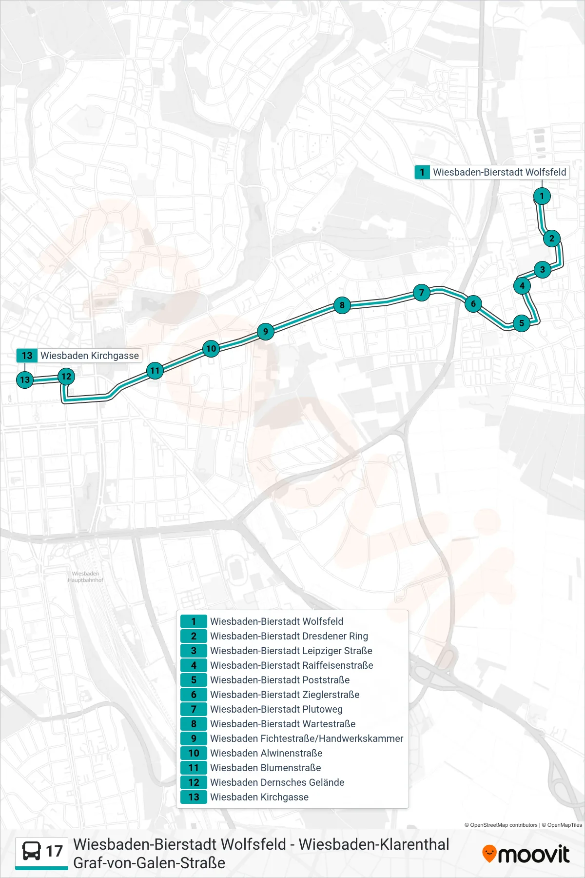 17 bus Line (Wiesbaden Kirchgasse) route and stops on a map