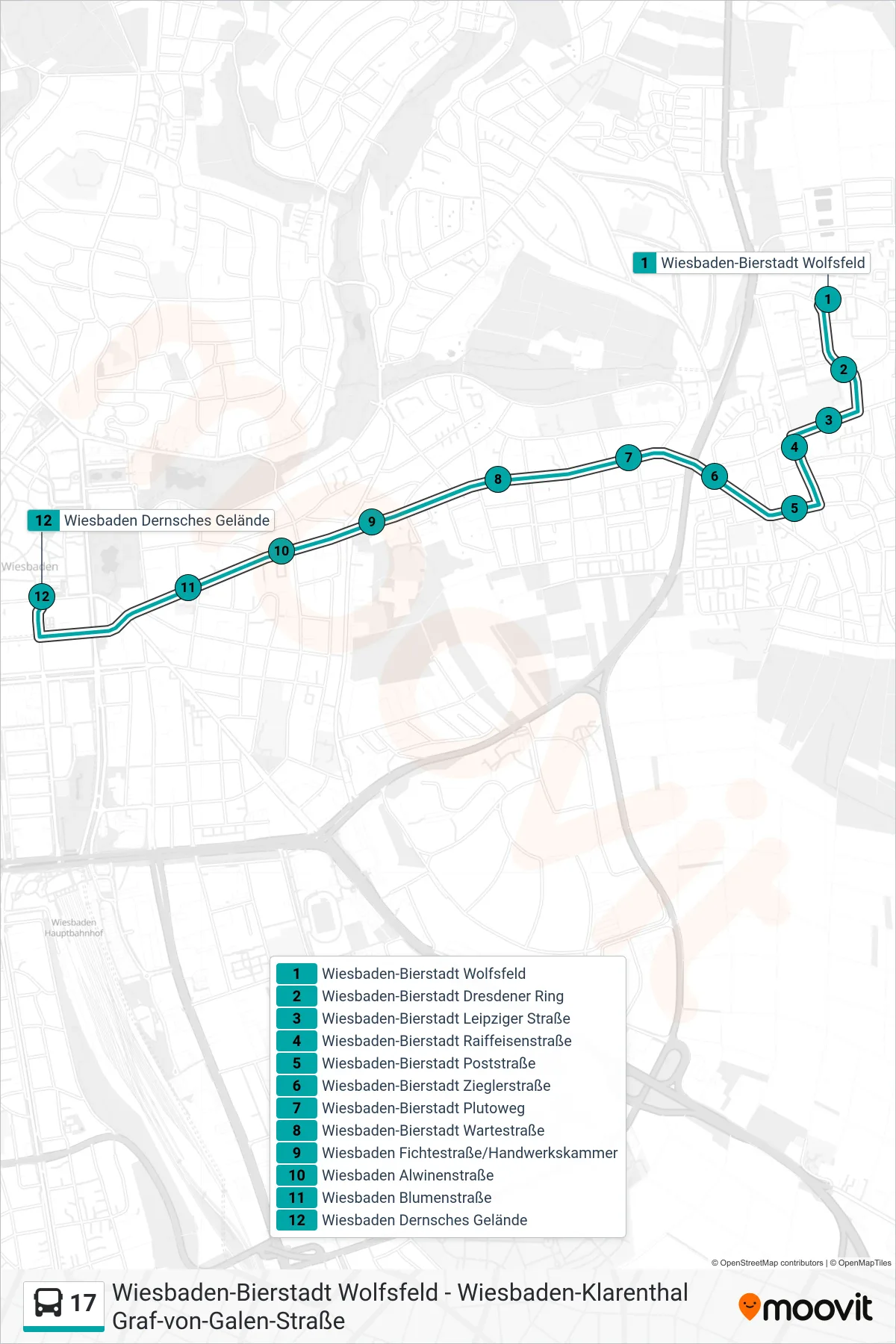 17 bus Line (Wiesbaden Dernsches Gelände) route and stops on a map