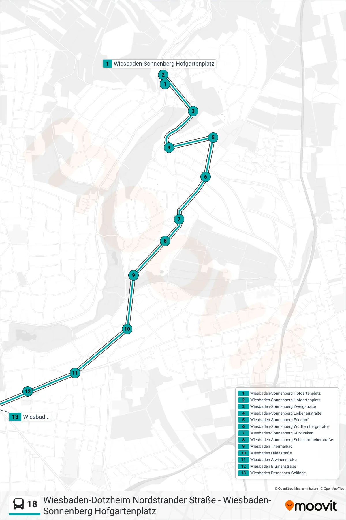 Linie 18 (Bus) Richtung Wiesbaden Dernsches Gelände: Route und Haltestellen auf der Karte