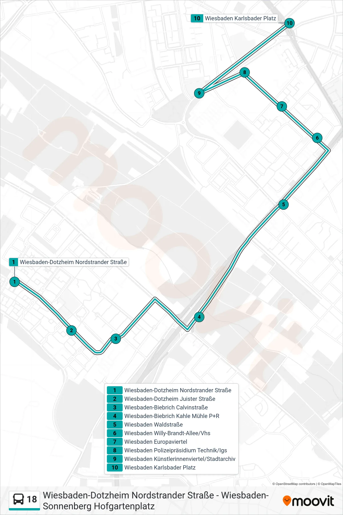 18 bus Line (Wiesbaden Karlsbader Platz) route and stops on a map