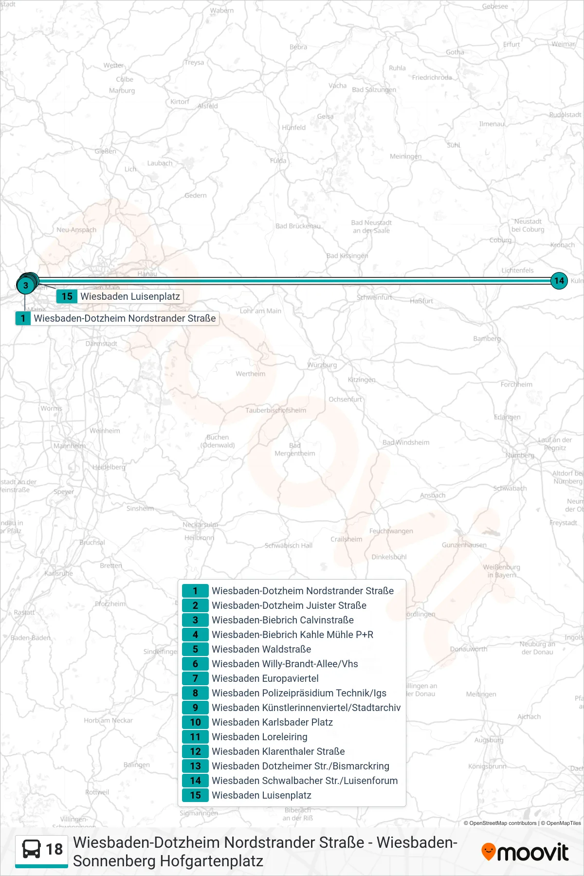 Linie 18 (Bus) Richtung Wiesbaden Luisenplatz: Route und Haltestellen auf der Karte