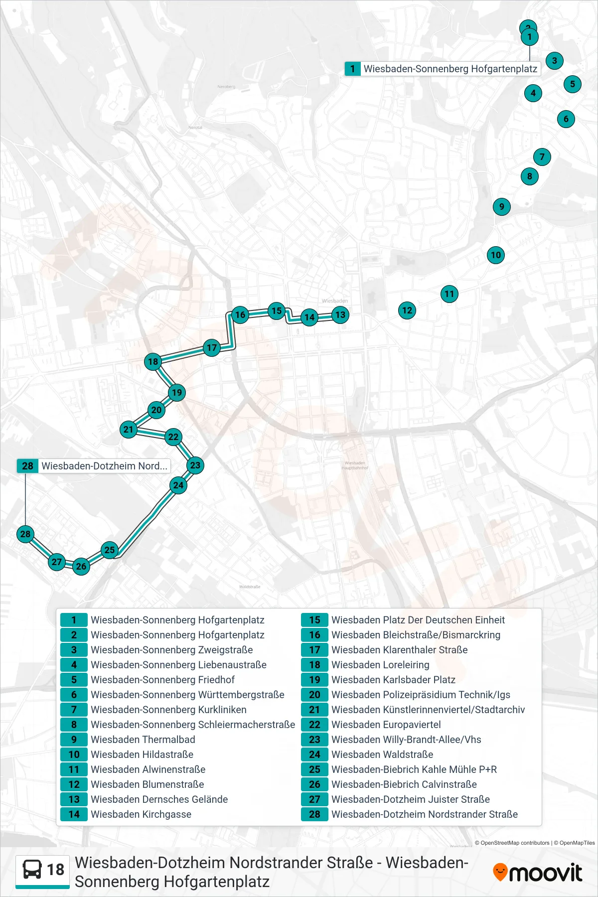 18 bus Line (Wiesbaden-Dotzheim Nordstrander Straße) route and stops on a map
