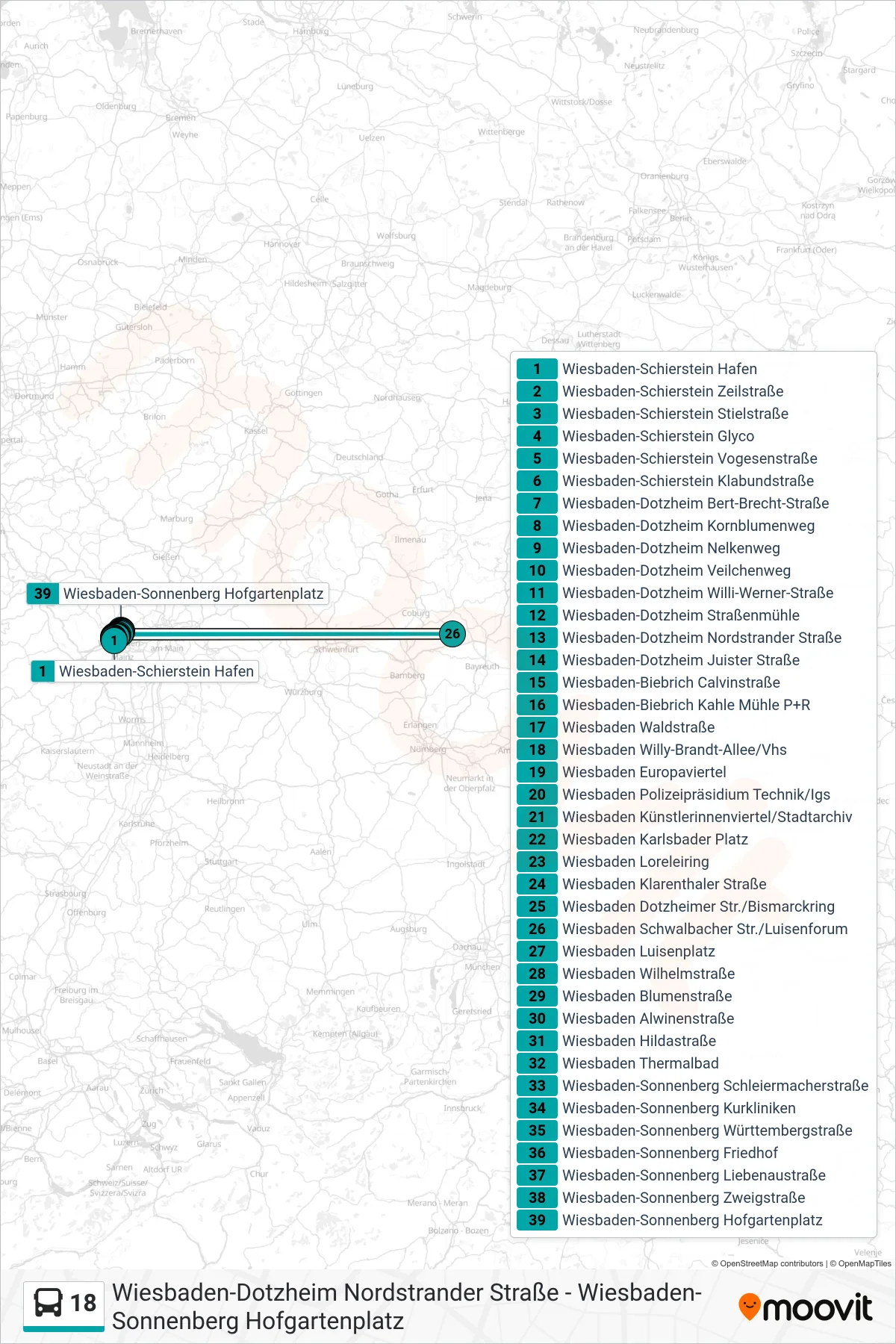 18 bus Line (Wiesbaden-Sonnenberg Hofgartenplatz) route and stops on a map