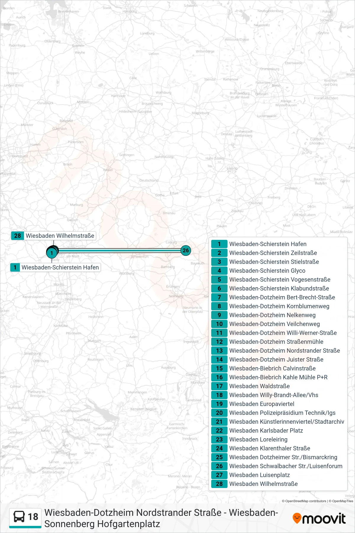 18 bus Line (Wiesbaden Wilhelmstraße) route and stops on a map