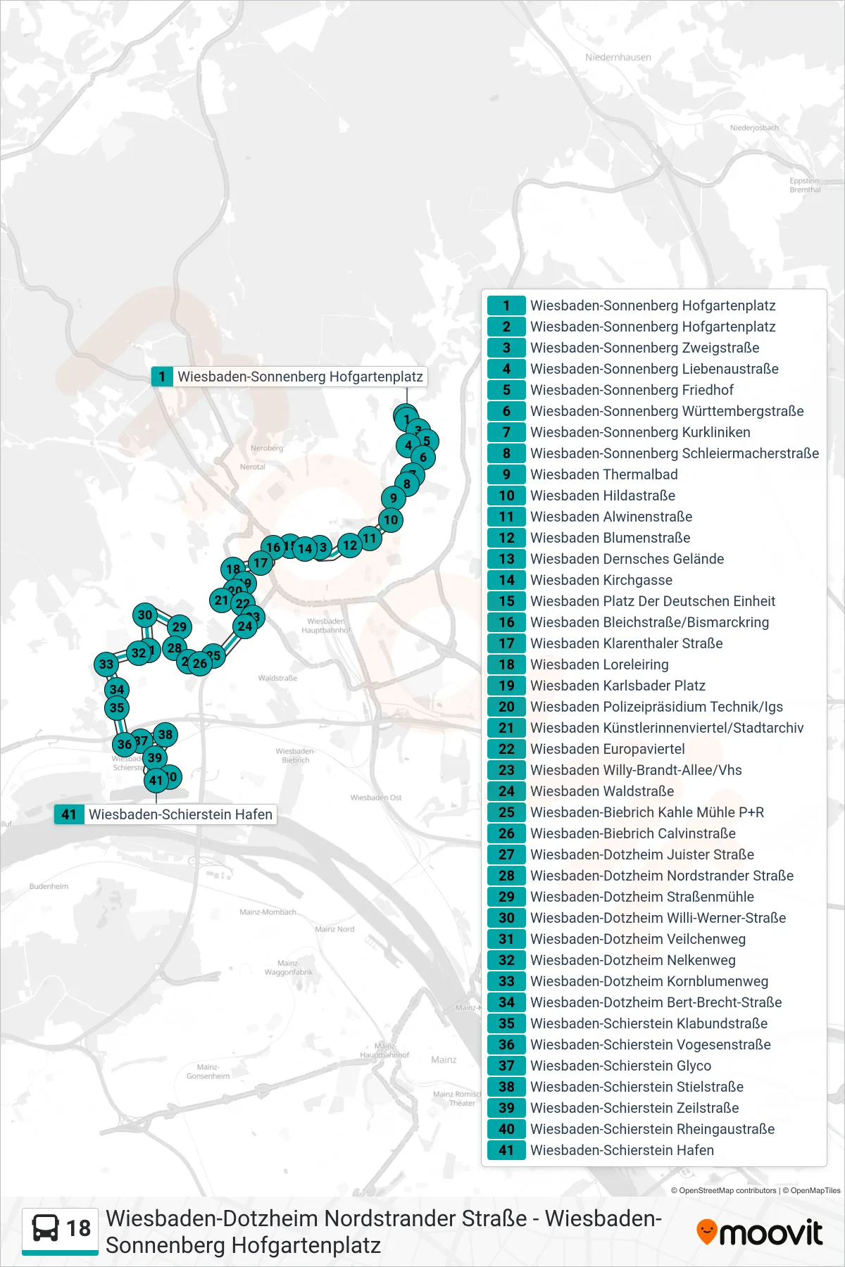 18 bus Line (Wiesbaden-Schierstein Hafen) route and stops on a map