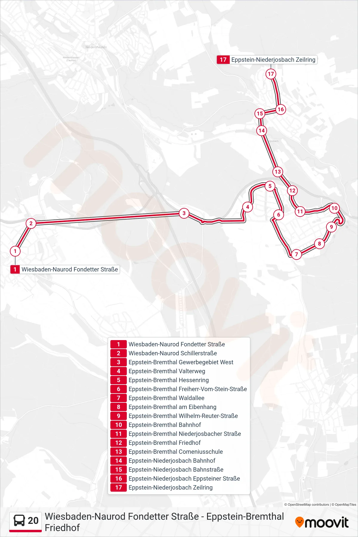 20 bus Line (Eppstein-Niederjosbach Zeilring) route and stops on a map