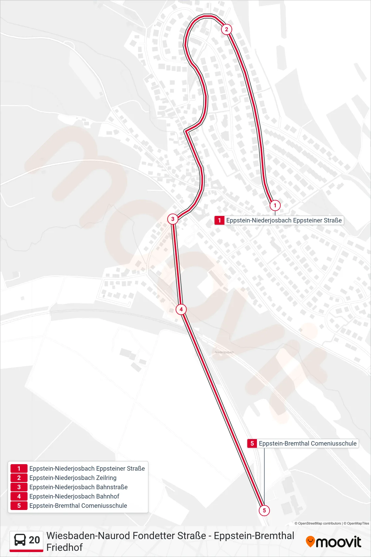 20 bus Line (Eppstein-Bremthal Comeniusschule) route and stops on a map