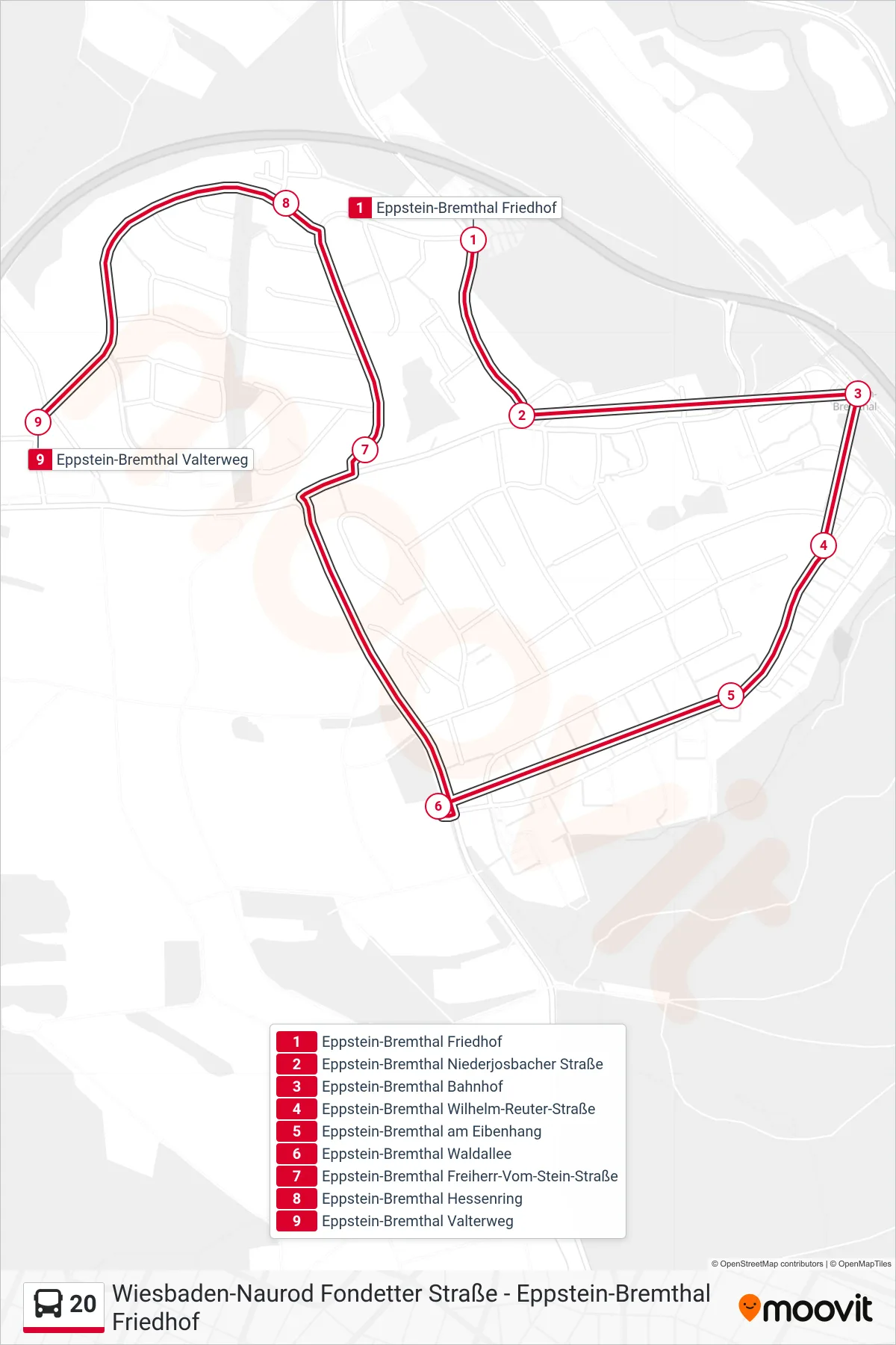 20 bus Line (Eppstein-Bremthal Valterweg) route and stops on a map