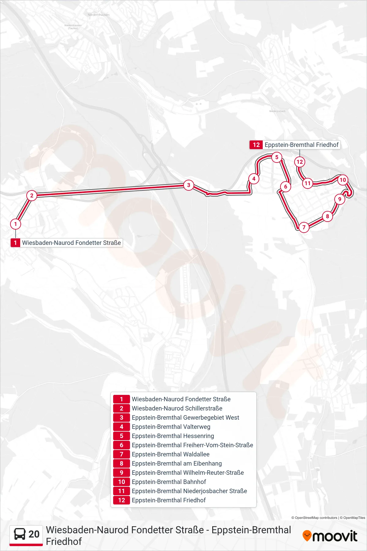 Linie 20 (Bus) Richtung Eppstein-Bremthal Friedhof: Route und Haltestellen auf der Karte