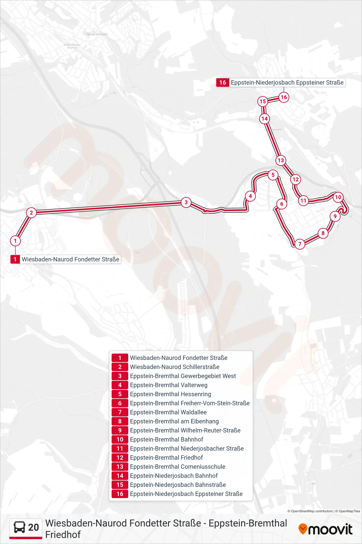 20 bus Line (Eppstein-Niederjosbach Eppsteiner Straße) route and stops on a map