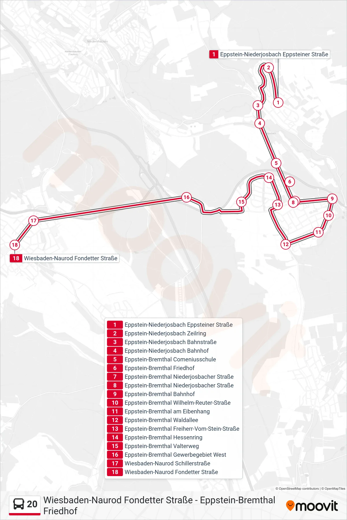 20 bus Line (Wiesbaden-Naurod Fondetter Straße) route and stops on a map