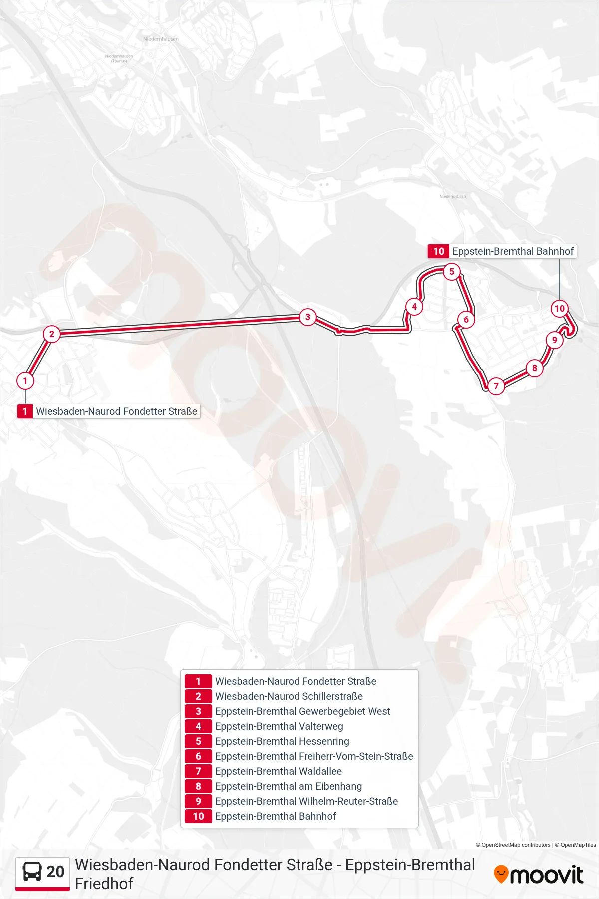 20 bus Line (Eppstein-Bremthal Bahnhof) route and stops on a map