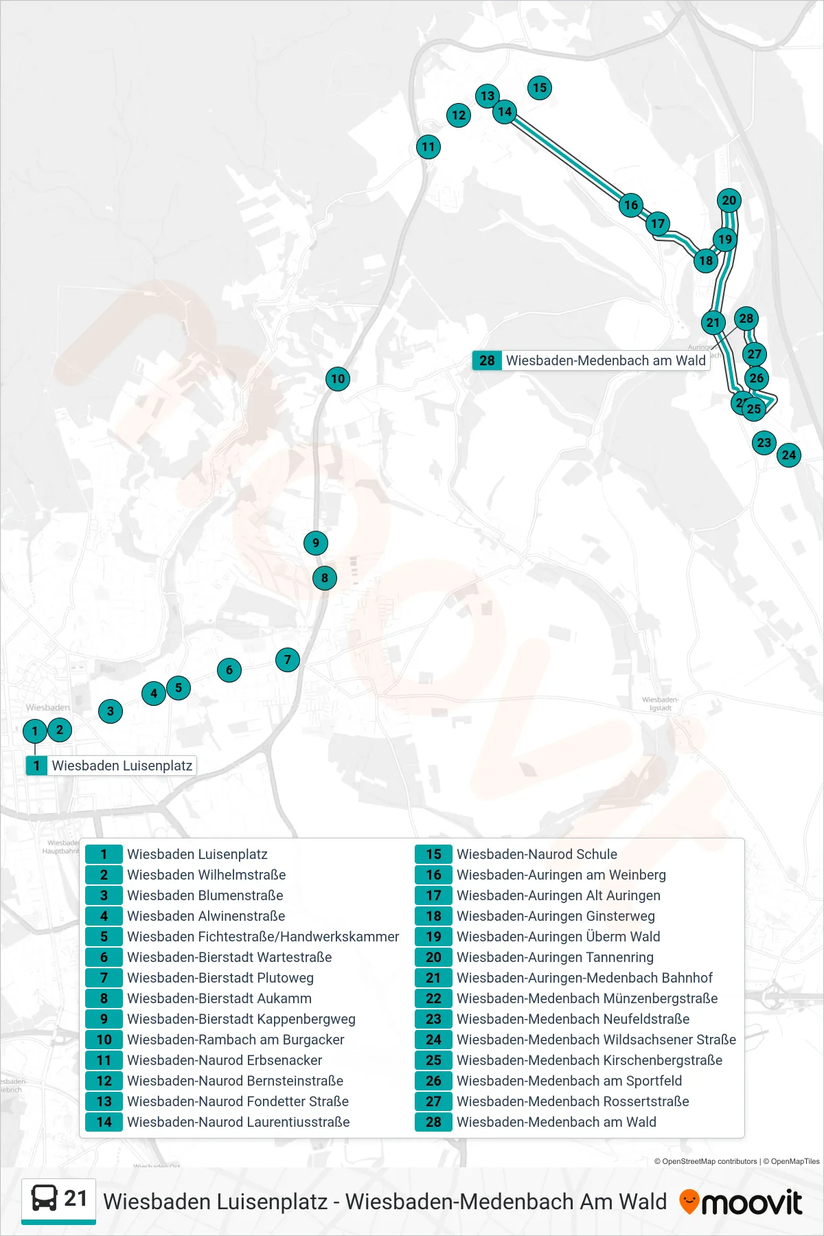 21 bus Line (Wiesbaden-Medenbach am Wald) route and stops on a map