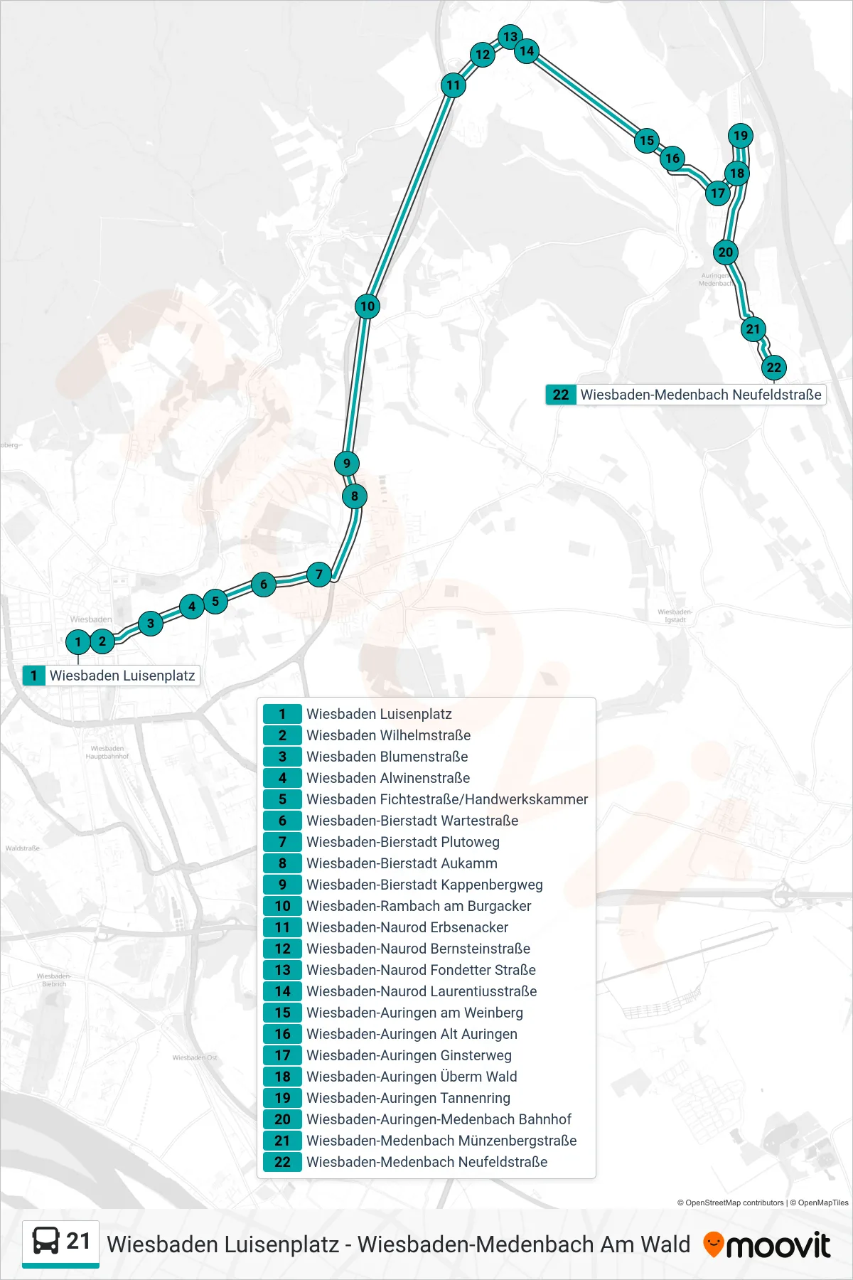 21 bus Line (Wiesbaden-Medenbach Neufeldstraße) route and stops on a map