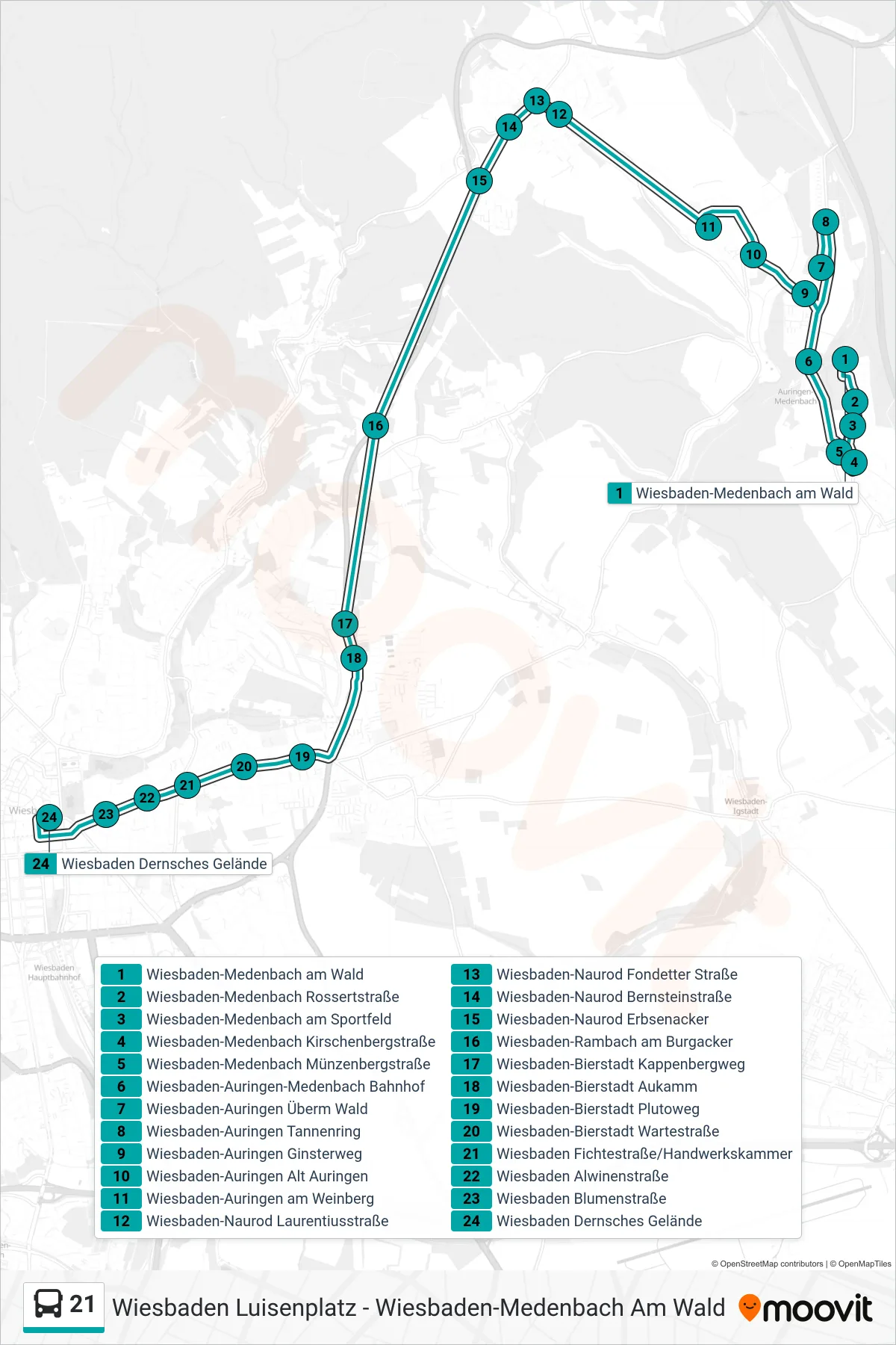 21 bus Line (Wiesbaden Dernsches Gelände) route and stops on a map
