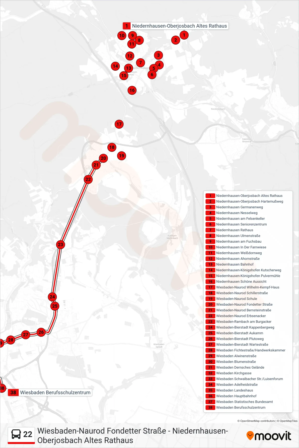 22 bus Line (Wiesbaden Berufsschulzentrum) route and stops on a map