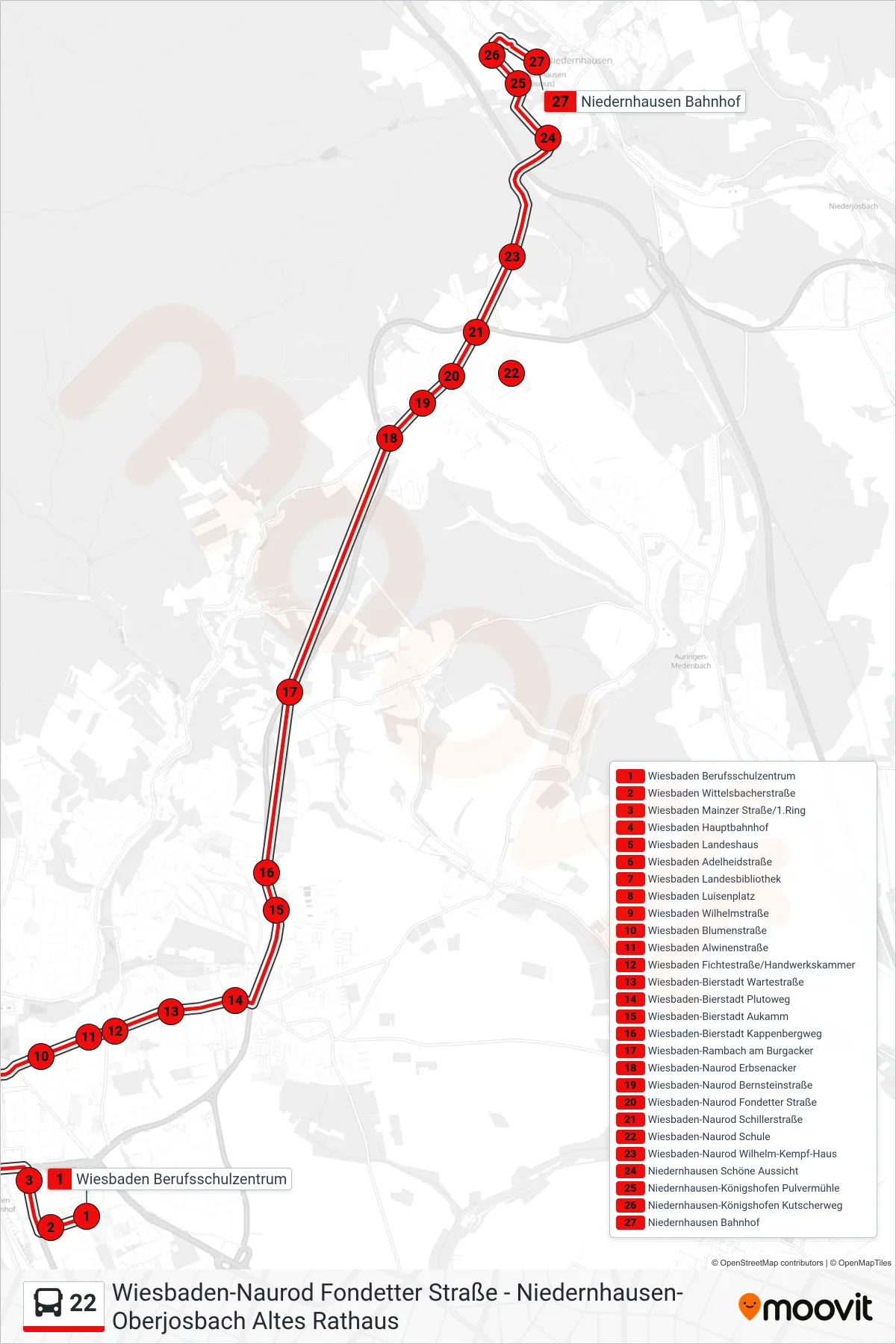 22 bus Line (Niedernhausen Bahnhof) route and stops on a map