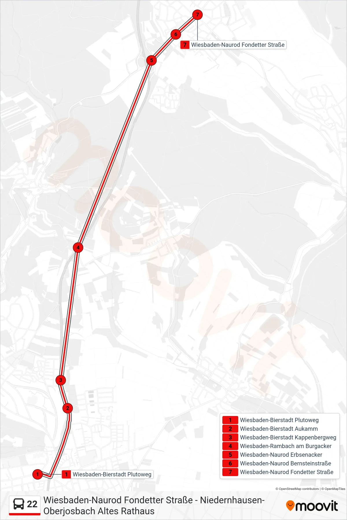 22 bus Line (Wiesbaden-Naurod Fondetter Straße) route and stops on a map
