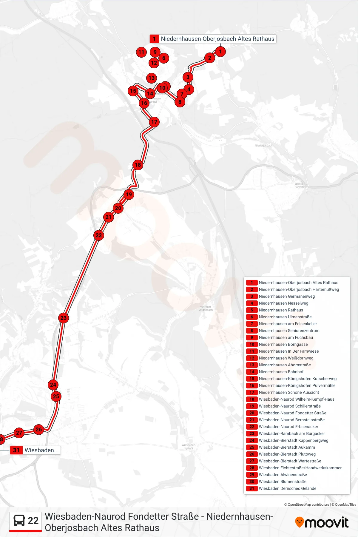 22 bus Line (Wiesbaden Dernsches Gelände) route and stops on a map