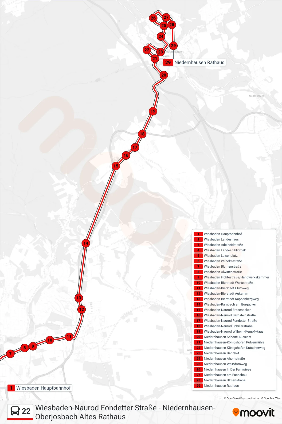 22 bus Line (Niedernhausen Rathaus) route and stops on a map