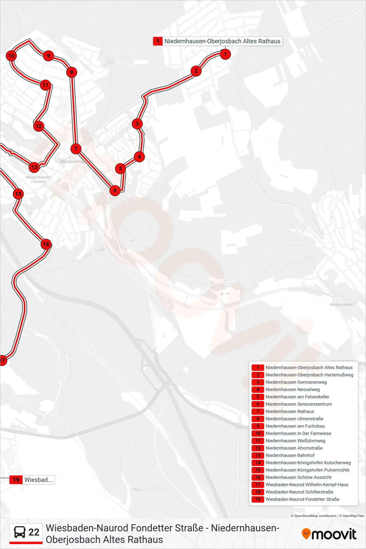 22 bus Line (Wiesbaden-Naurod Fondetter Straße) route and stops on a map