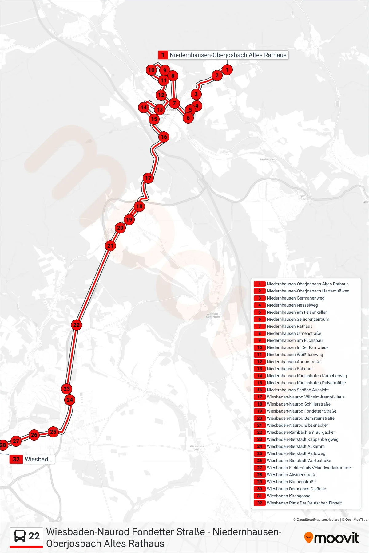 22 bus Line (Wiesbaden Platz Der Deutschen Einheit) route and stops on a map
