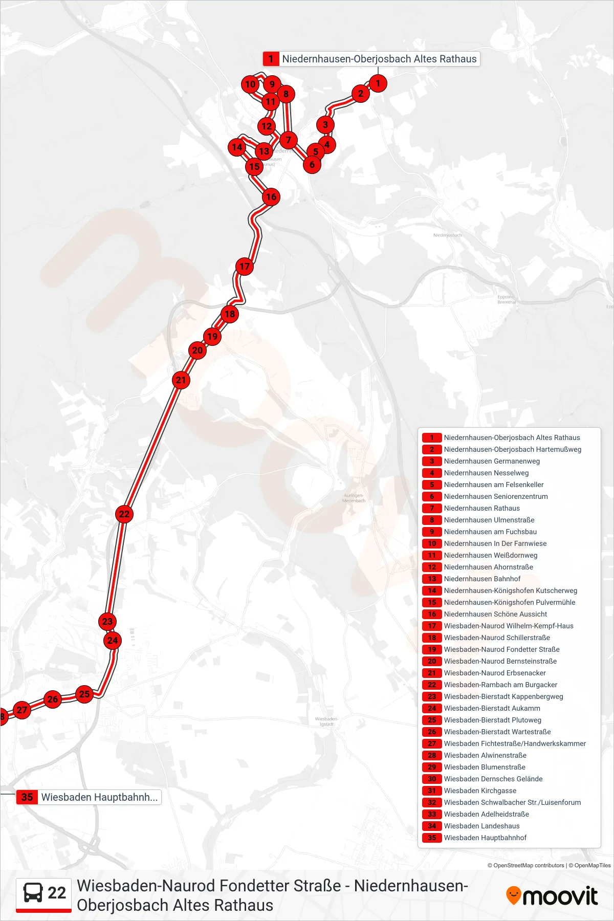 22 bus Line (Wiesbaden Hauptbahnhof) route and stops on a map