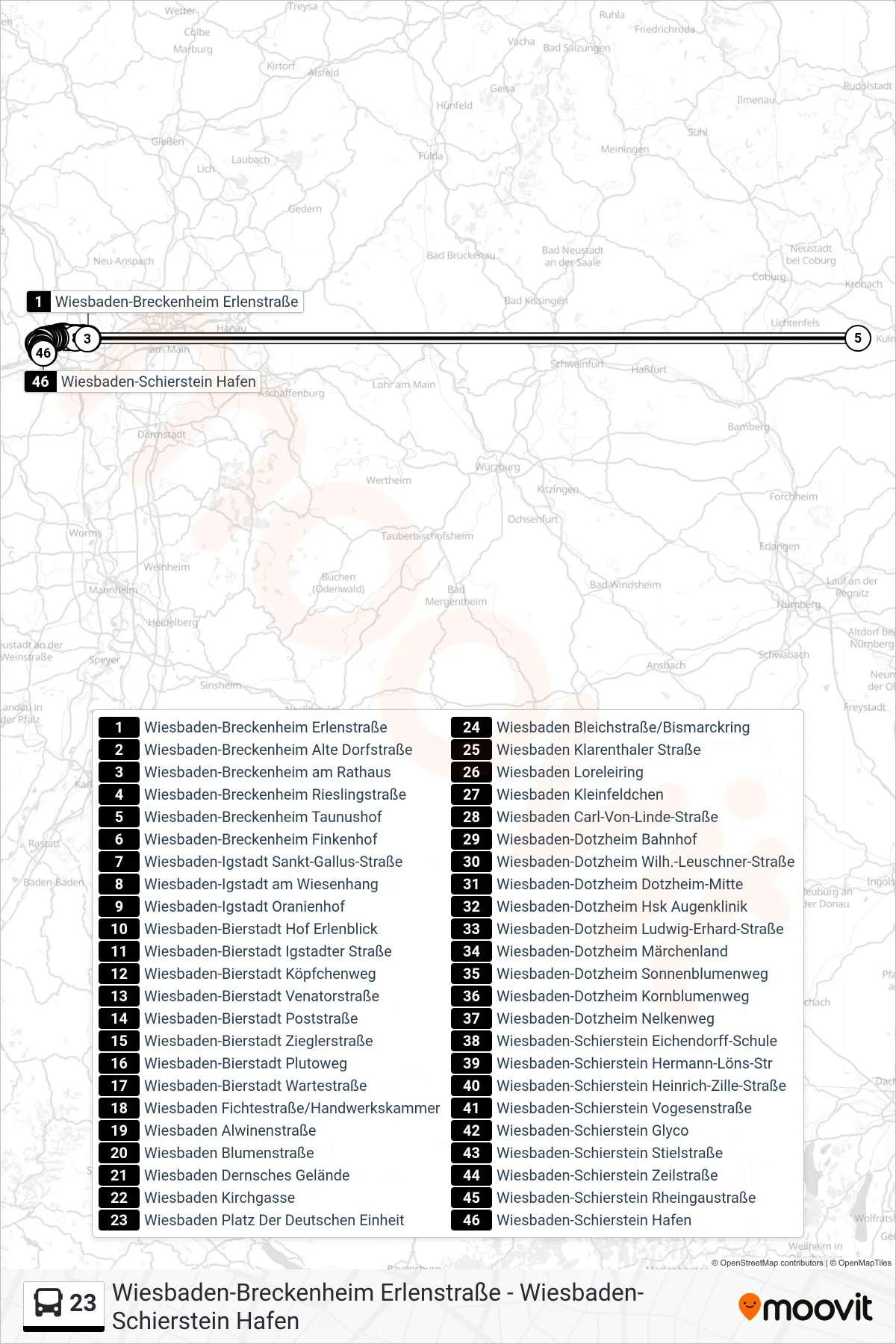 23 bus Line (Wiesbaden-Schierstein Hafen) route and stops on a map