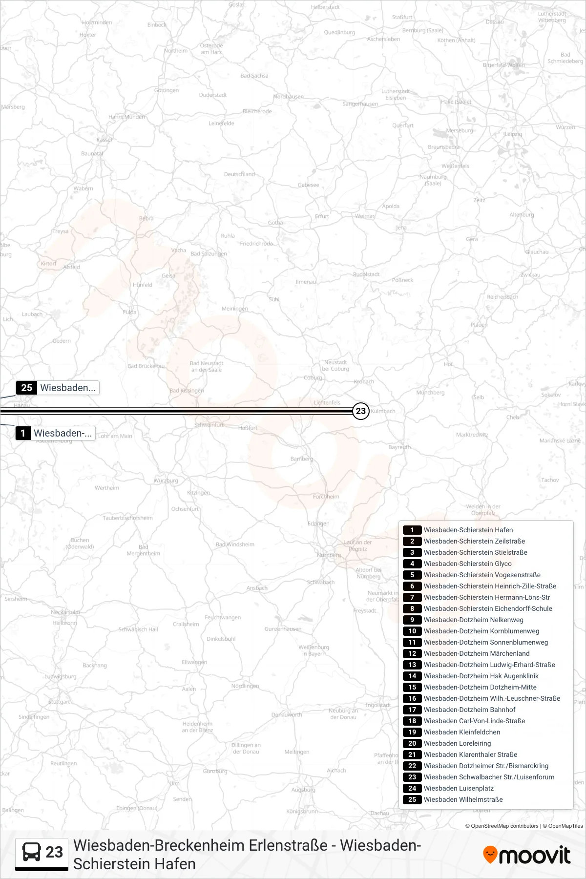 23 bus Line (Wiesbaden Wilhelmstraße) route and stops on a map