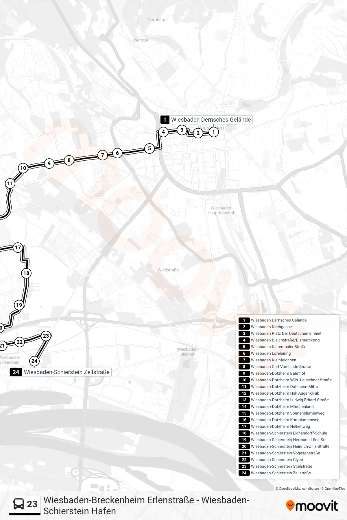 23 bus Line (Wiesbaden-Schierstein Zeilstraße) route and stops on a map