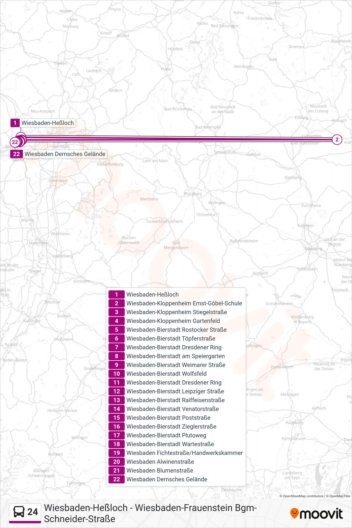 24 bus Line (Wiesbaden Dernsches Gelände) route and stops on a map