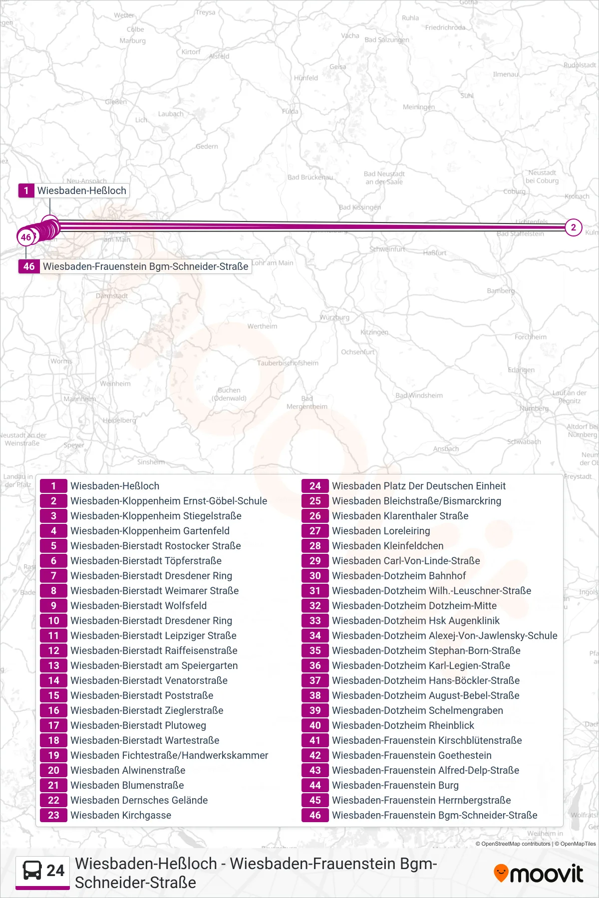 24 bus Line (Wiesbaden-Frauenstein Bgm-Schneider-Straße) route and stops on a map