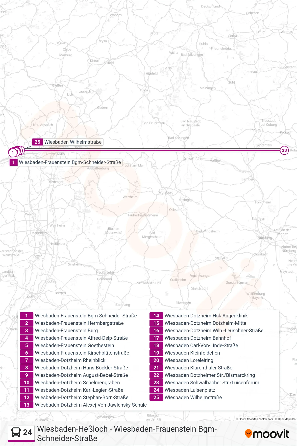 24 bus Line (Wiesbaden Wilhelmstraße) route and stops on a map