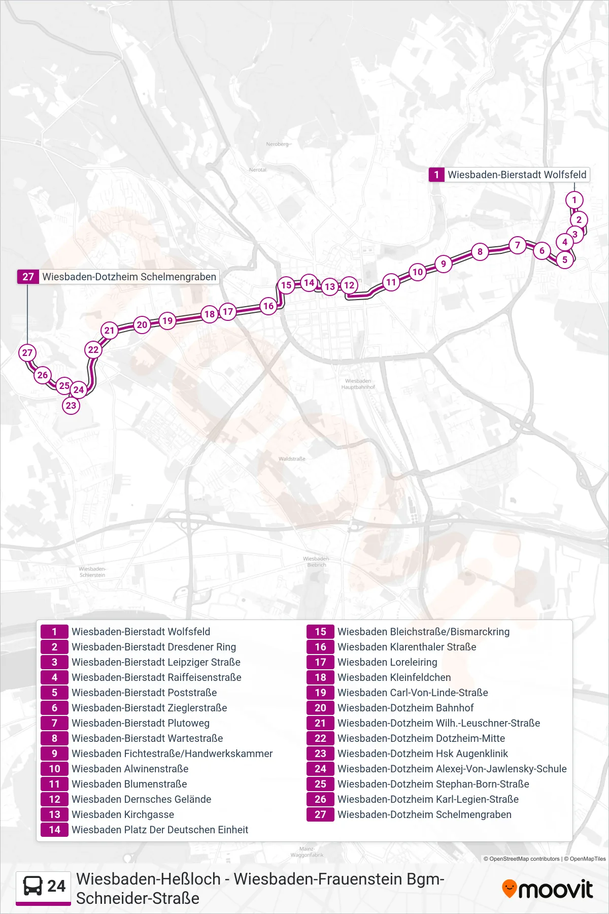24 bus Line (Wiesbaden-Dotzheim Schelmengraben) route and stops on a map