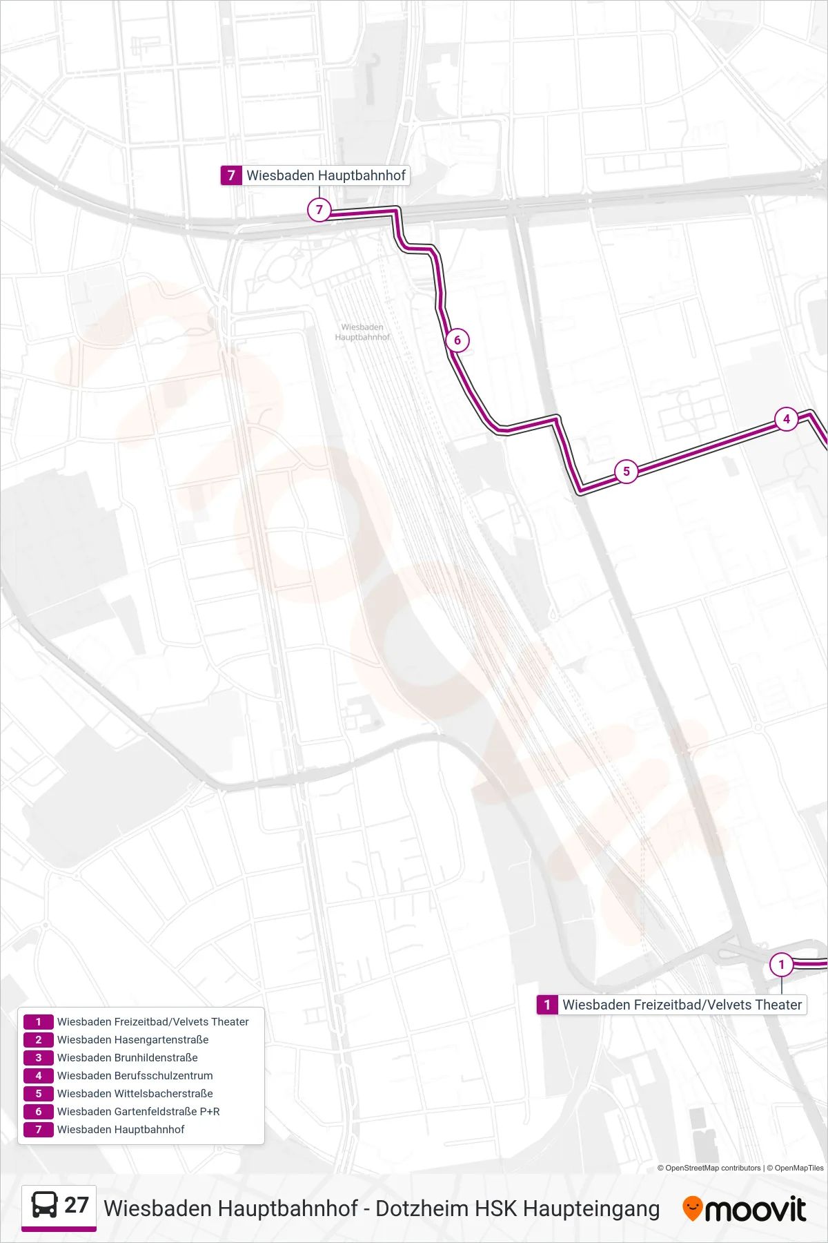 27 bus Line (Wiesbaden Hauptbahnhof) route and stops on a map