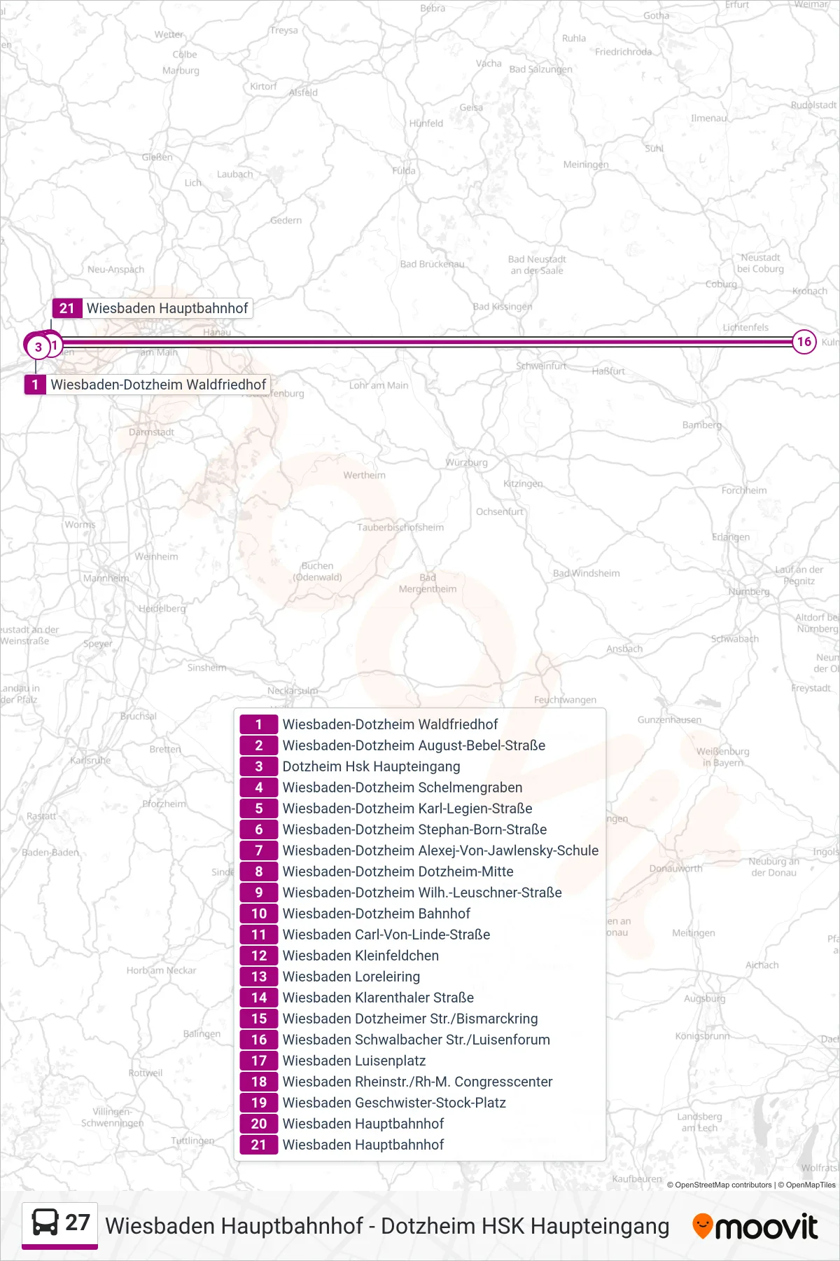 27 bus Line (Wiesbaden Hauptbahnhof) route and stops on a map