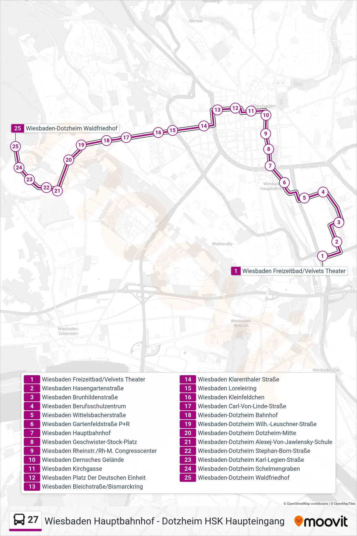 27 bus Line (Wiesbaden-Dotzheim Waldfriedhof) route and stops on a map
