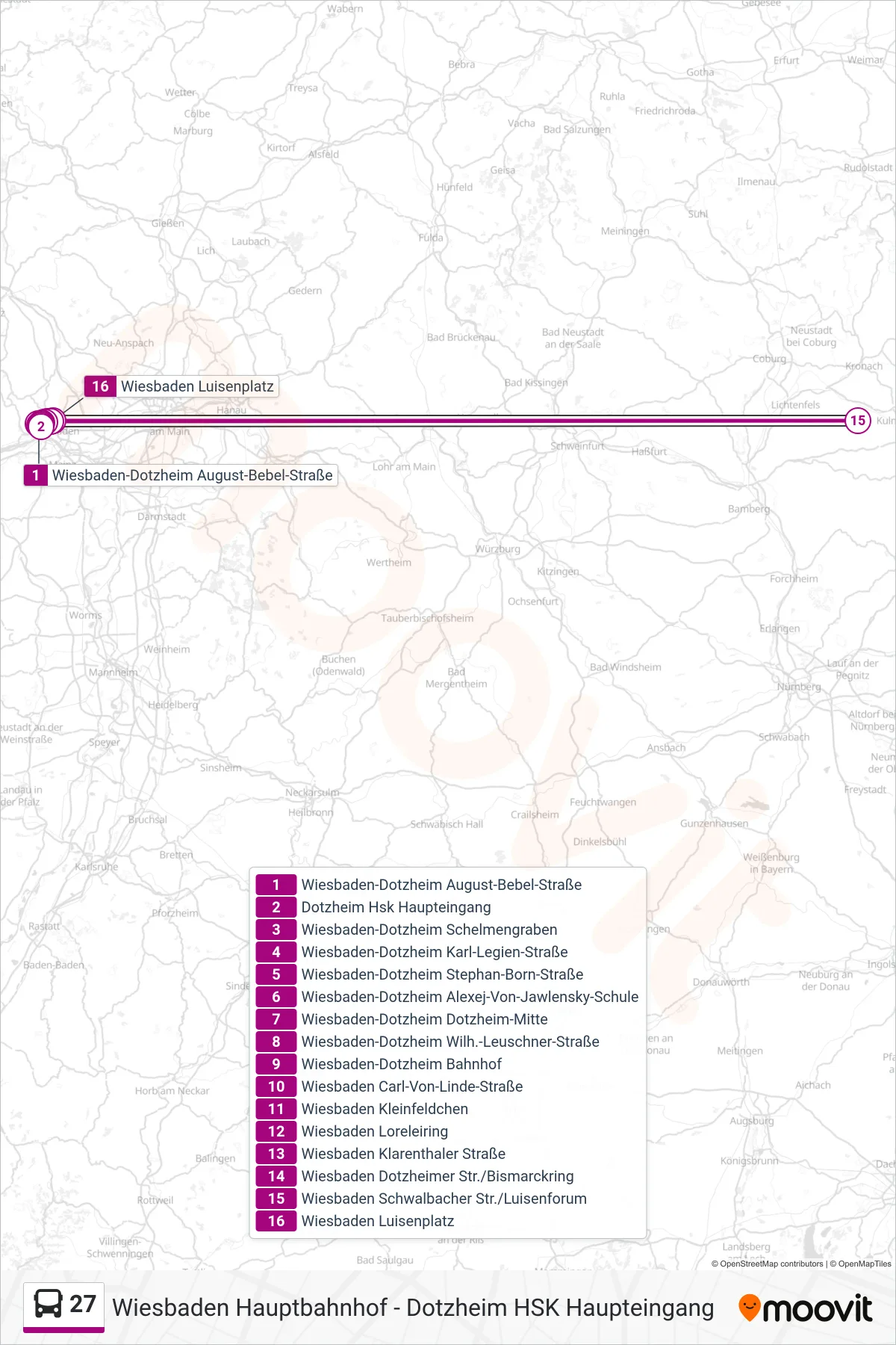 27 bus Line (Wiesbaden Luisenplatz) route and stops on a map