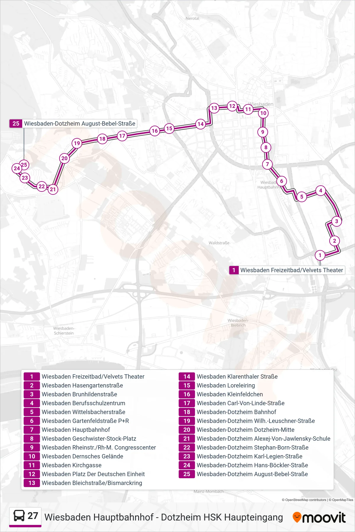27 bus Line (Wiesbaden-Dotzheim August-Bebel-Straße) route and stops on a map