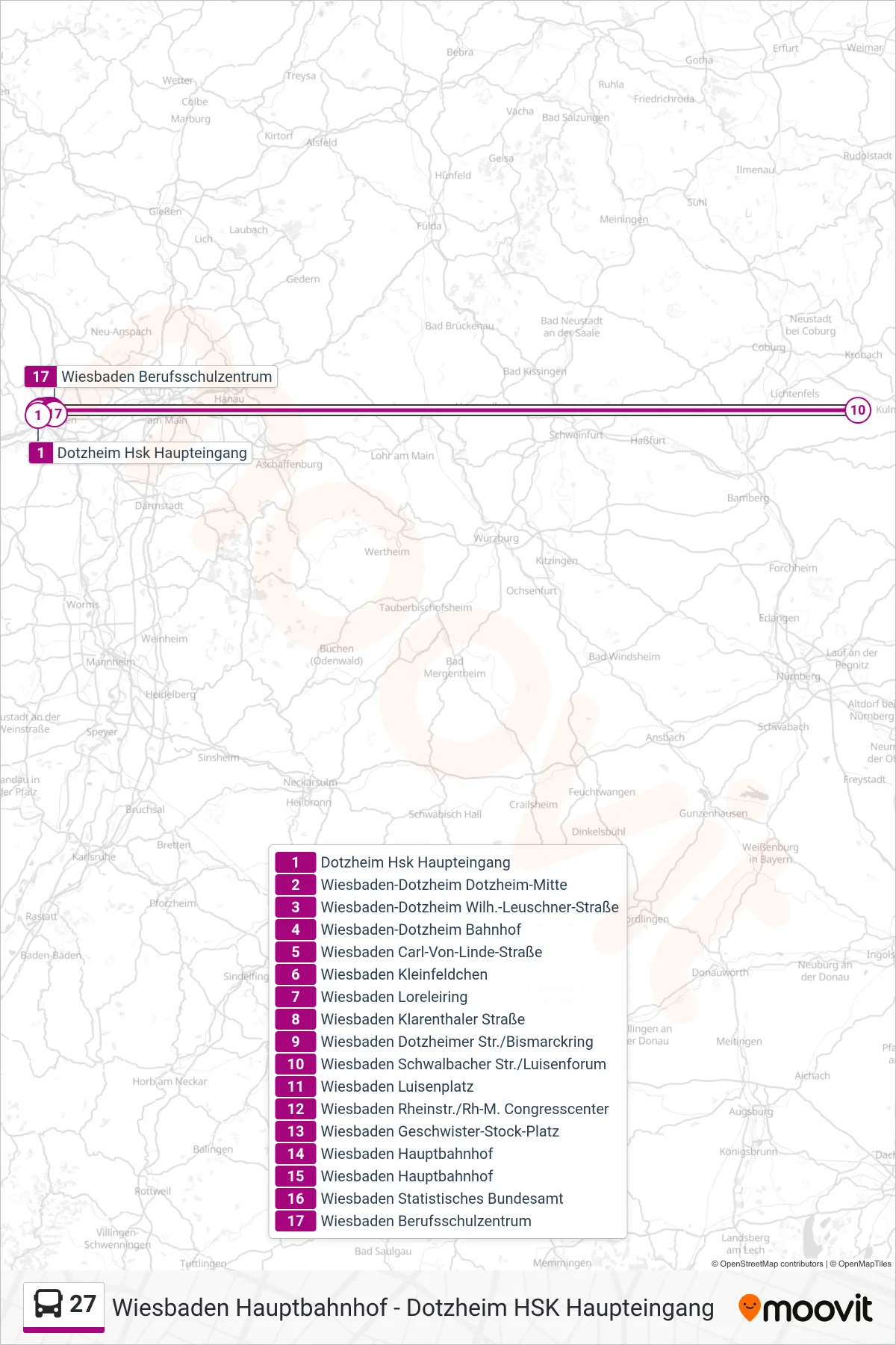 27 bus Line (Wiesbaden Berufsschulzentrum) route and stops on a map