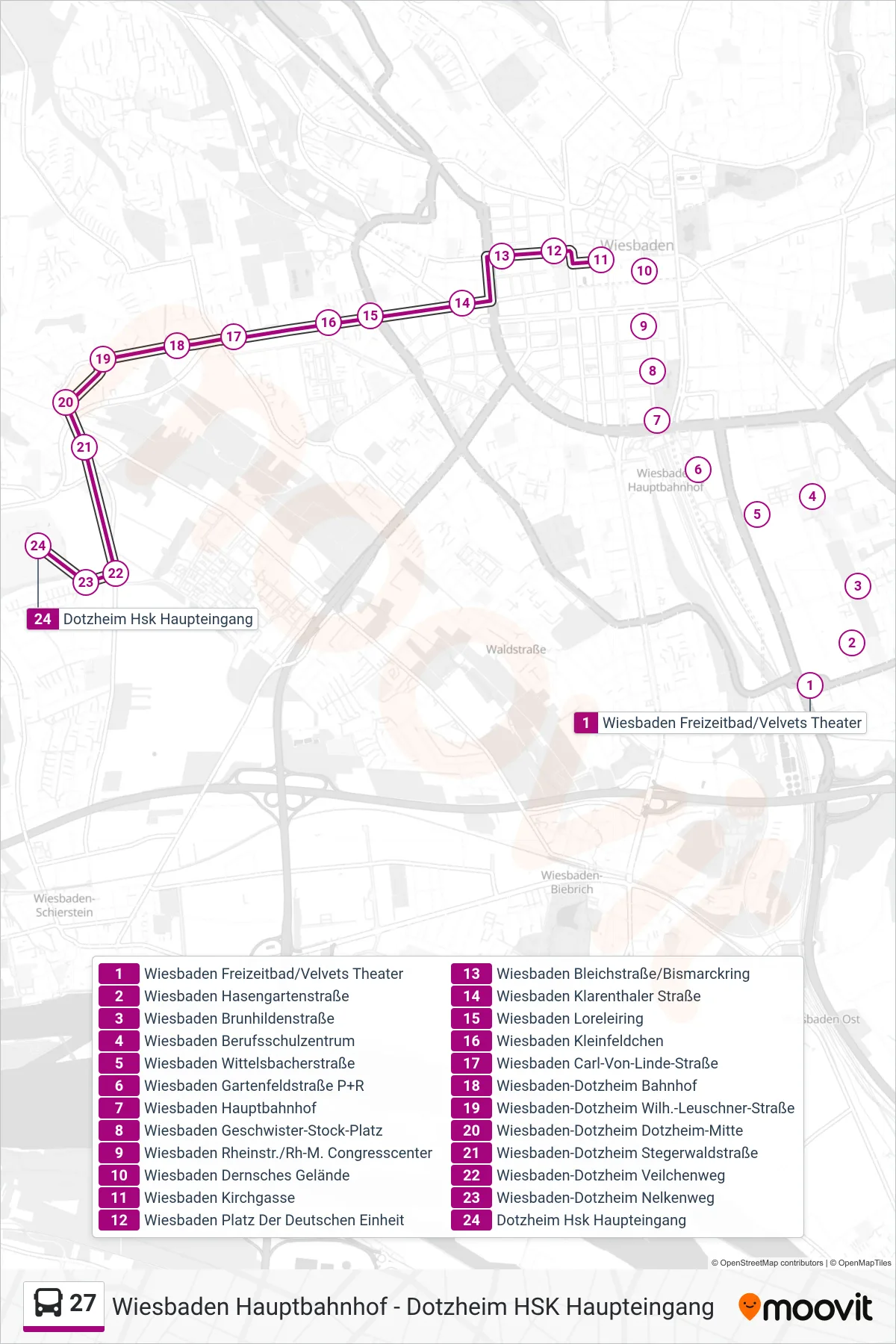 27 bus Line (Dotzheim Hsk Haupteingang) route and stops on a map