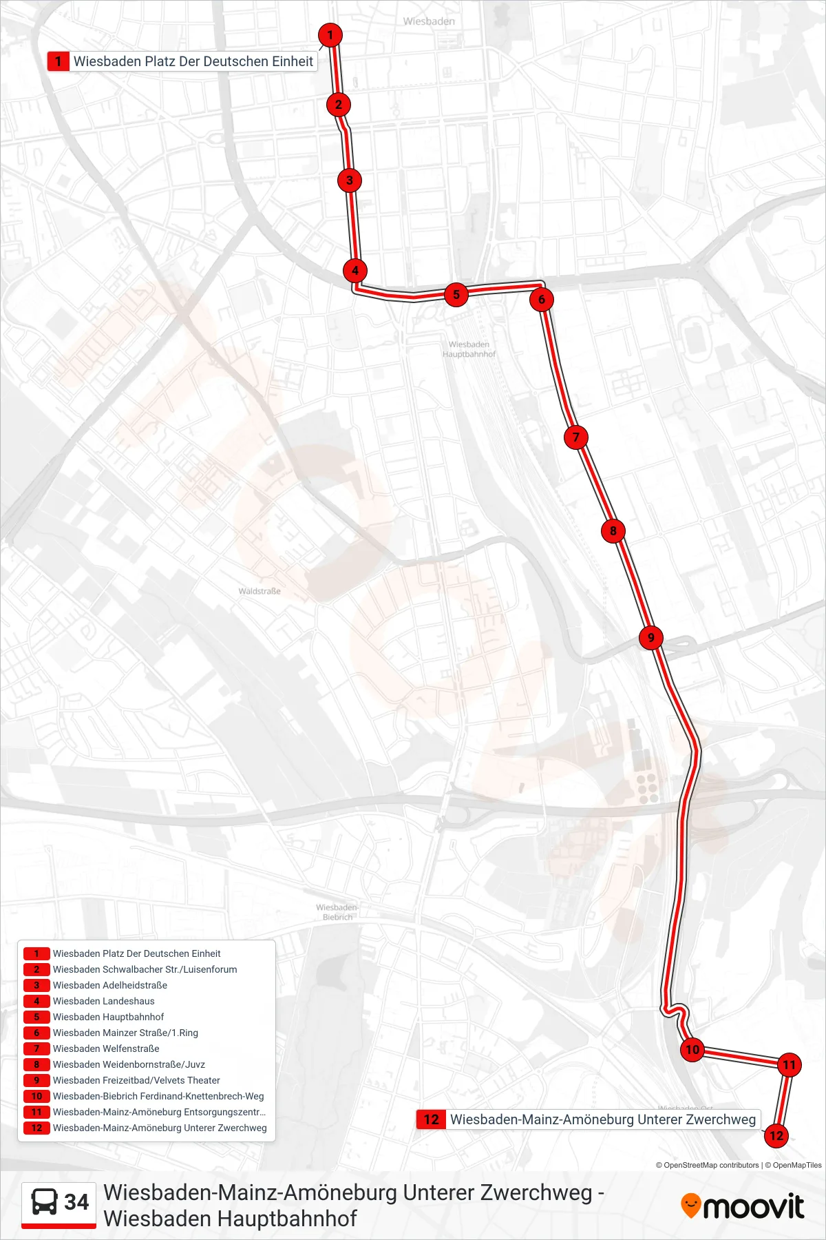 Linie 34 (Bus) Richtung Wiesbaden-Mainz-Amöneburg Unterer Zwerchweg: Route und Haltestellen auf der Karte