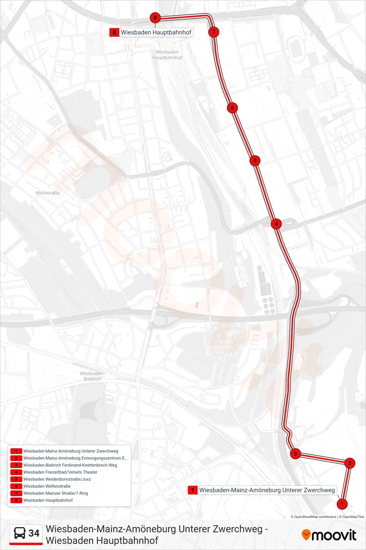 34 bus Line (Wiesbaden Hauptbahnhof) route and stops on a map